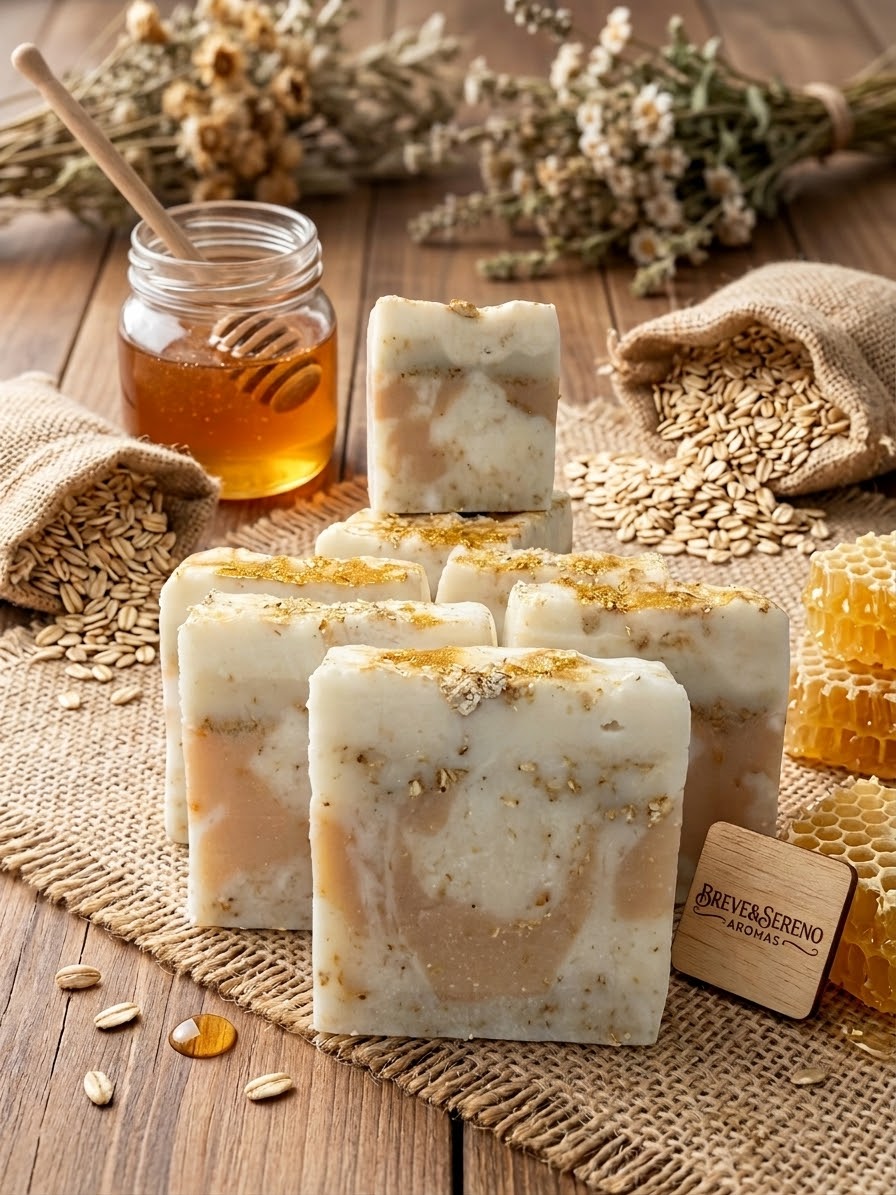 Sabonetes artesanais de aveia e mel com pote de mel e favos ao fundo